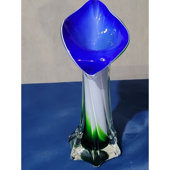 Murano Jack in the Pulpit Encased Glass Vase Handblown Blue White Green Swirl - Picture 16 of 16